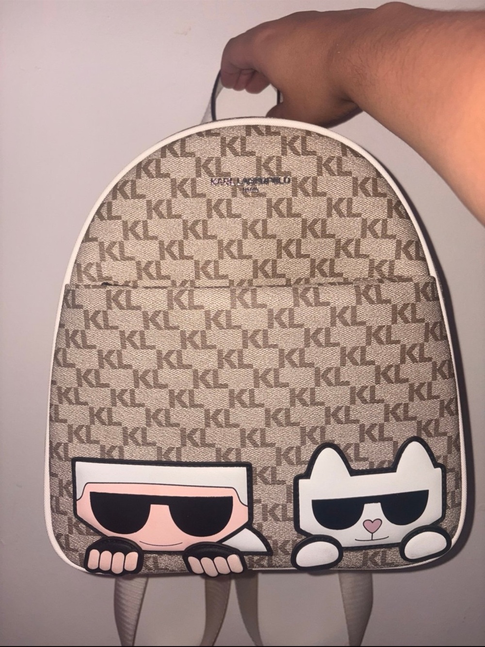 Karl Lagerfeld Beige Logo Backpack with Pink & White Cartoon Patches